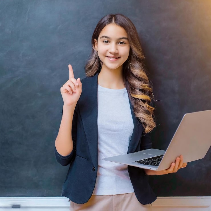 Home beautiful girl using laptop pointing background black 1174912 20